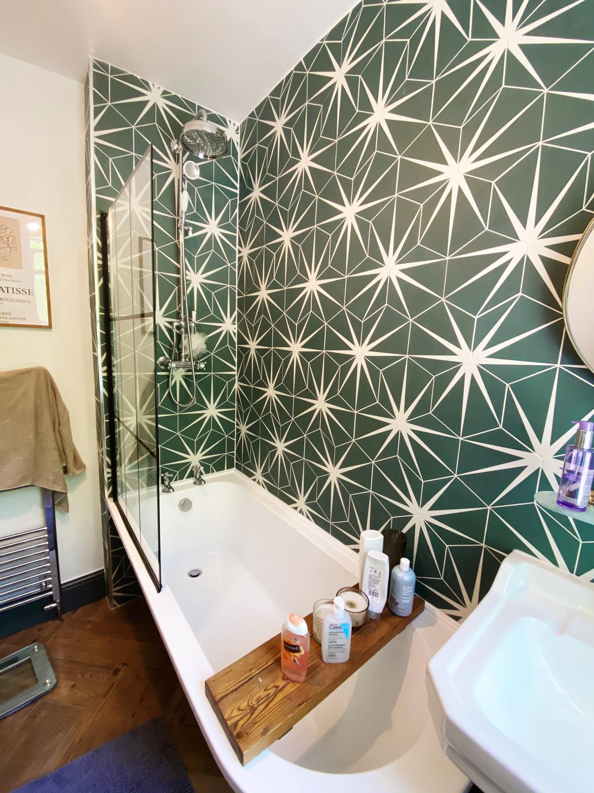 New Bathroom with funky tiles fitted by Norton PLumbing in Meanwood, Leeds