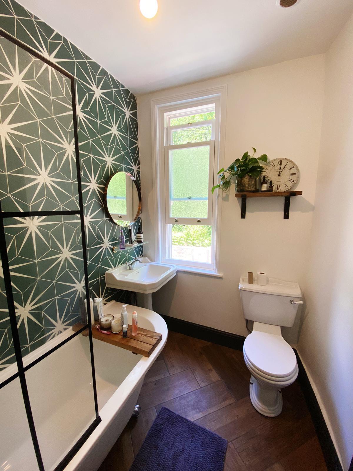 New Bathroom with funky tiles fitted by Norton PLumbing in Meanwood, Leeds