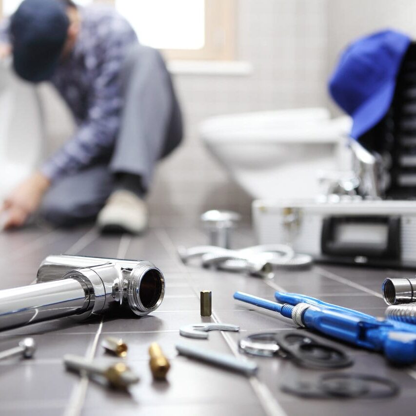 Plumber installing a new toilet